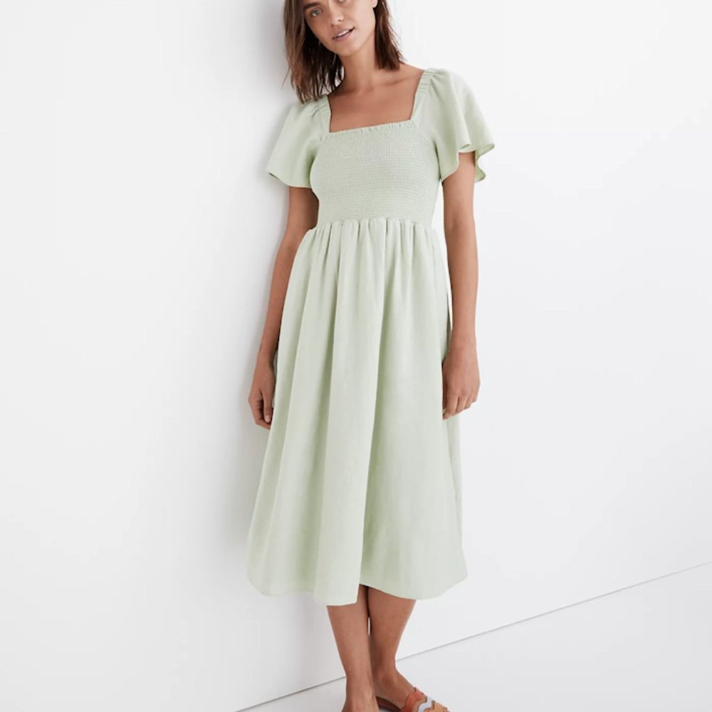 madewell linen-blend lucie smocked midi dress small